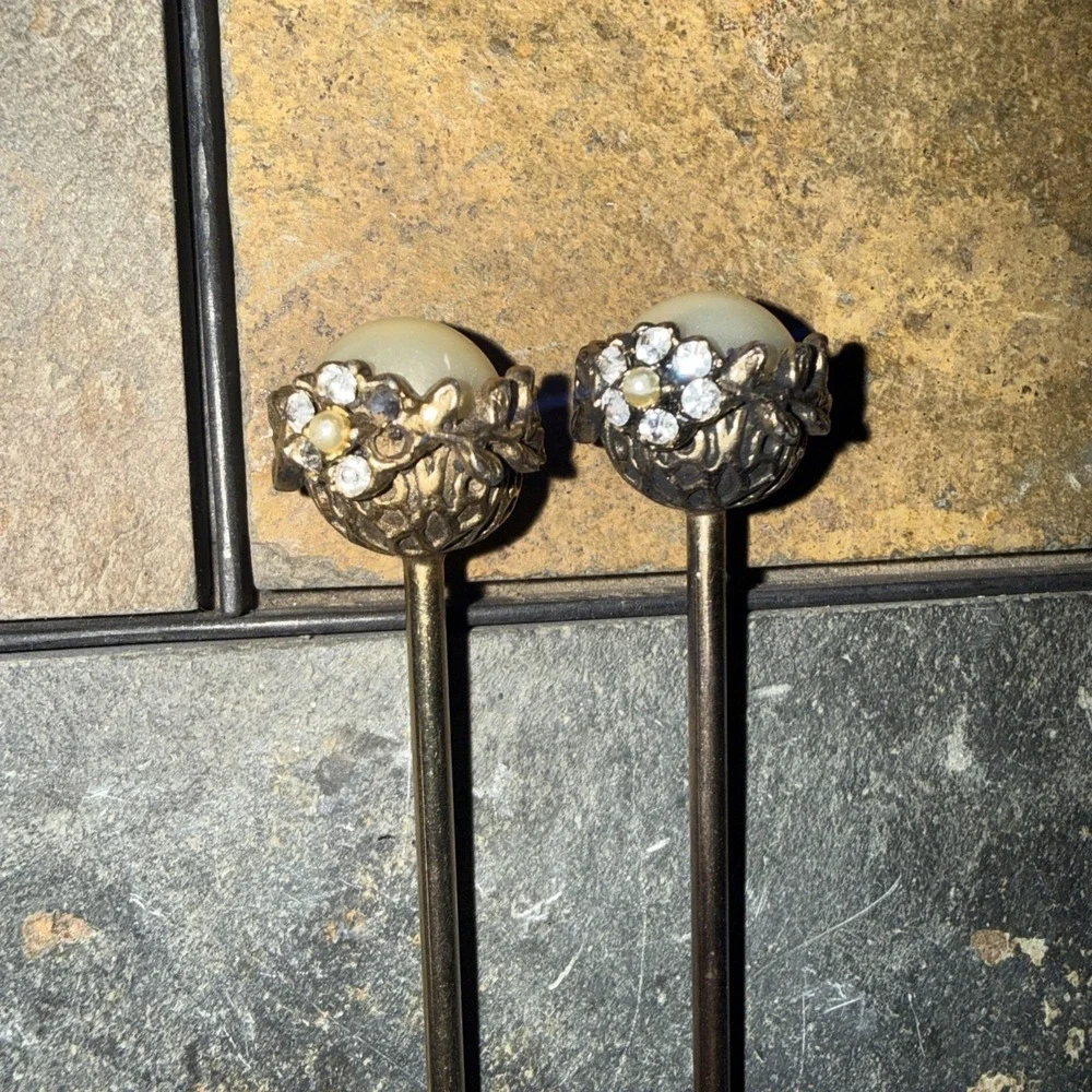 Long Gold Tone Cocktail Spoon & Fork Set Pearl End
